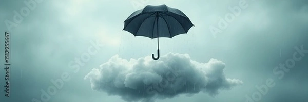 Obraz Umbrella on Cloud: A lone umbrella floats serenely above a soft, fluffy cloud, symbolizing protection and the calm within a storm. This minimalist composition is evocative of security and resilience.