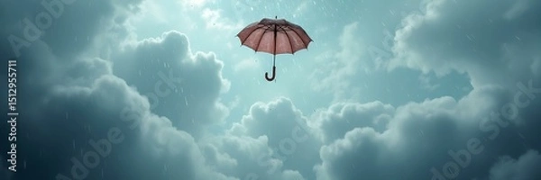 Obraz The Umbrella Above the Clouds: An open umbrella floats high above the puffy clouds on a rainy day. The light shines from above, and the scene makes people feel safe.