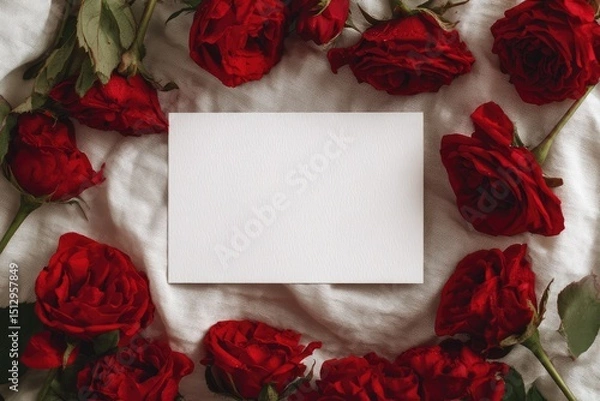 Fototapeta Blank card nestled amongst a ring of deep red roses on a textured white fabric backdrop