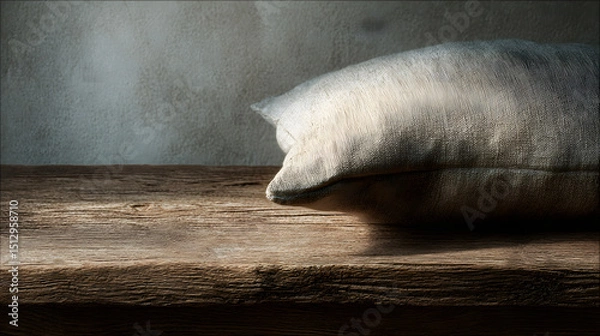 Fototapeta Soft Pillow Resting on a Weathered Wooden Surface, Bathed in Gentle Light