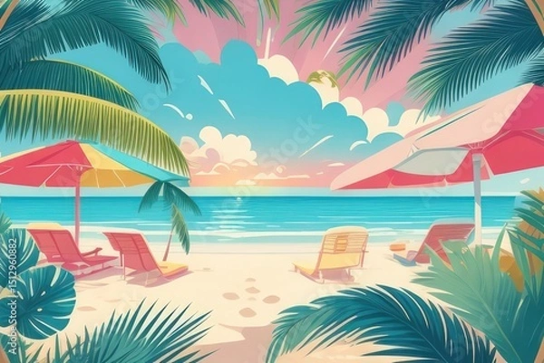 Fototapeta Tropical Summer Beach Illustration with Coconut Drink, Palm Trees, and Sunset

