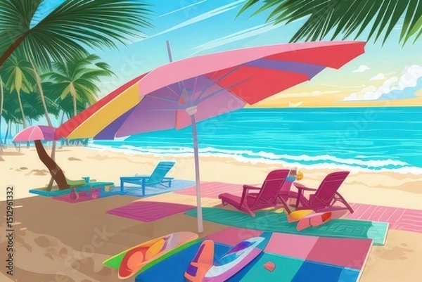 Fototapeta Tropical Summer Beach Illustration with Coconut Drink, Palm Trees, and Sunset


