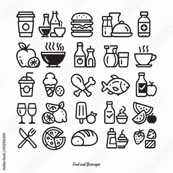 Obraz A clean set of 25 food and beverage line icons, created from an AI-generated concept and professionally vectorized for commercial use. Ideal for menu designs, UI/UX interfaces, packaging, etc