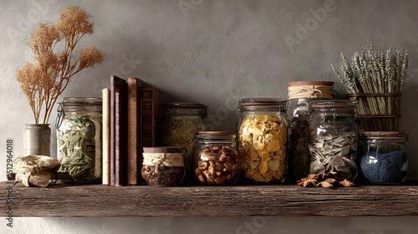 Fototapeta Rustic apothecary shelf filled with jars of herbs, spices, and dried botanicals, alongside antique books
