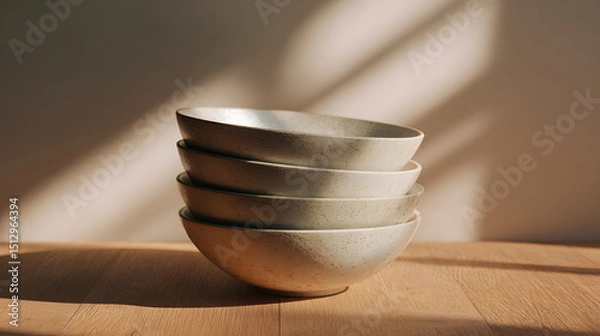 Fototapeta Stack of four handcrafted ceramic bowls, illuminated by soft natural light, casting elegant shadows on a wall. A minimalist and serene composition for kitchen decor