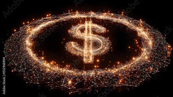 Obraz Glowing digital dollar sign symbol in a futuristic network grid representing fintech, cryptocurrency, and global finance innovation.