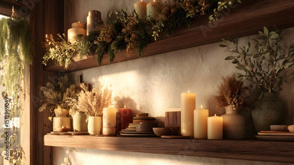 Fototapeta A rustic wooden shelf adorned with an arrangement of glowing candles, dried grasses, and green foliage, creating a warm and cozy hygge ambiance