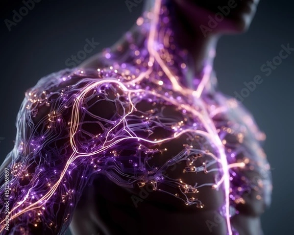 Obraz Human figure with glowing neural connections in a dark background. Radiant energy passage.