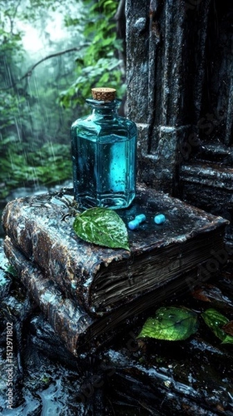 Fototapeta Enchanted Forest Potion Mystical Blue Elixir on Ancient Books