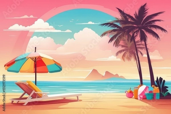 Fototapeta Tropical Summer Beach Illustration with Coconut Drink, Palm Trees, and Sunset

