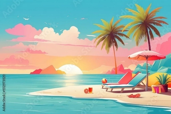 Fototapeta Tropical Summer Beach Illustration with Coconut Drink, Palm Trees, and Sunset

