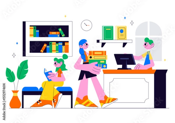 Obraz Bookstore Vector Illustration Featuring a School Library Room for Studying, Reading, Education, Self Development, and Literature in a Flat Background
