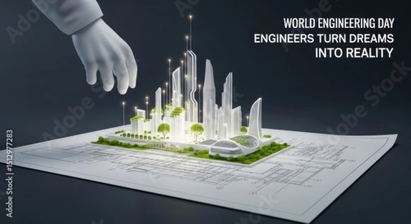 Obraz Blueprint to Reality: A Sustainable Cityscape - Innovation, sustainability, progress, future, design. A futuristic city rises from architectural plans
