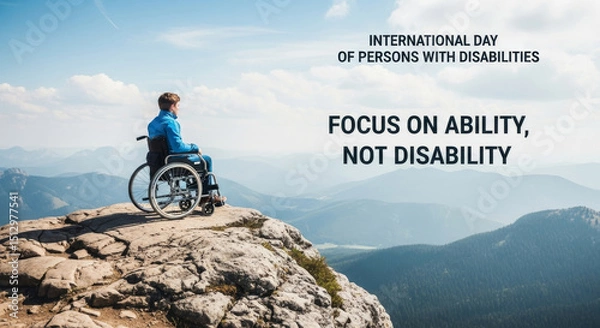 Obraz Determination: Reaching New Heights - A person in a wheelchair conquers a mountain peak, symbolizing resilience, independence, ability, freedom, and overcoming challenges