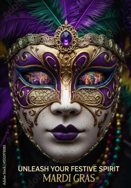 Obraz Mardi Gras Masquerade Mystery - A stunning close-up of an ornate masquerade mask reflecting a vibrant New Orleans parade. Symbolizing celebration, mystery, artistry, tradition, and festivity