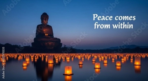 Obraz Serene Buddha and Glowing Lanterns - A tranquil scene at dusk. Floating lanterns illuminate a calm lake, with a majestic Buddha statue silhouetted in the background. Symbols of peace, serenity