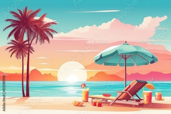 Fototapeta Tropical Summer Beach Illustration with Coconut Drink, Palm Trees, and Sunset

