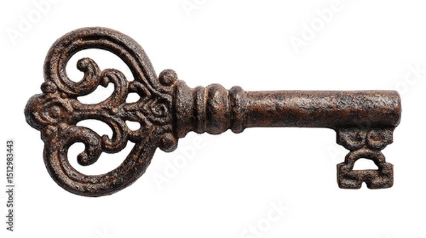 Fototapeta Isolated antique ornate key image for security concept or vintage treasure hunt game asset illustration on transparent background