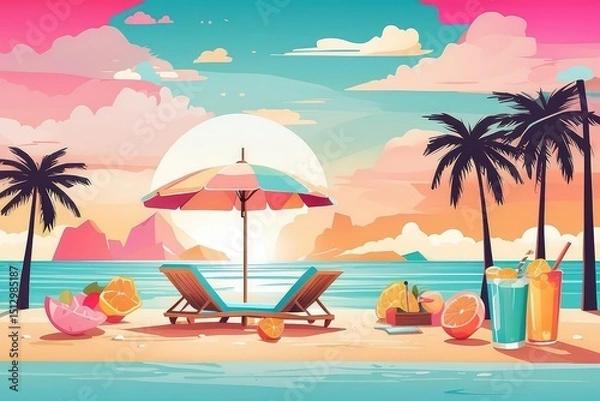 Fototapeta Tropical Summer Beach Illustration with Coconut Drink, Palm Trees, and Sunset

