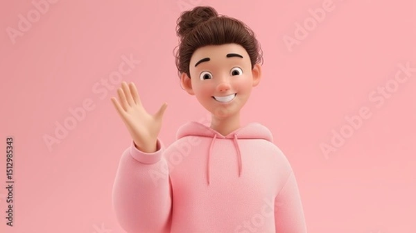 Fototapeta Smiling 3D Avatar Waving Cheerfully in a Soft Pink Background