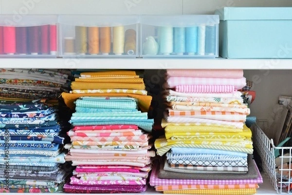 Fototapeta Stacks of bright cotton fabrics, sewing threads in plastic boxes, blue paper box and white metal small basket with scrapbooking stuff on shelves