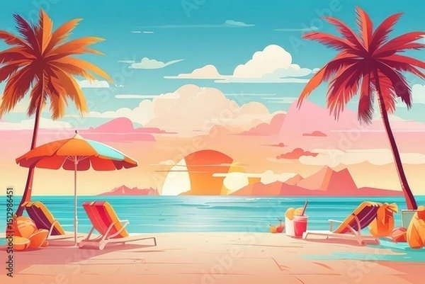 Fototapeta Tropical Summer Beach Illustration with Coconut Drink, Palm Trees, and Sunset

