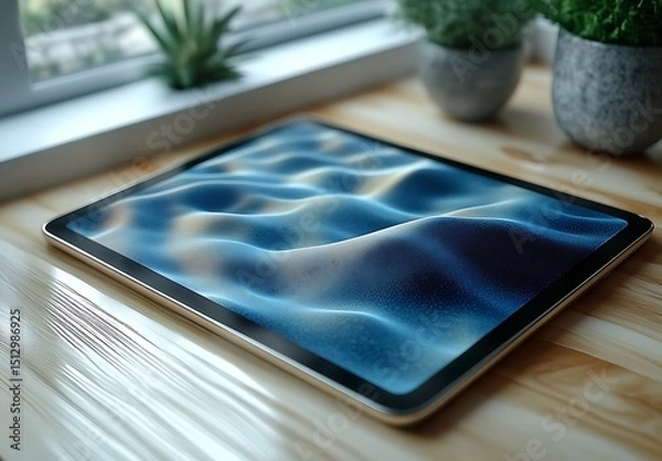 Fototapeta tablet mockup with abstract blue wave pattern on wooden surface

