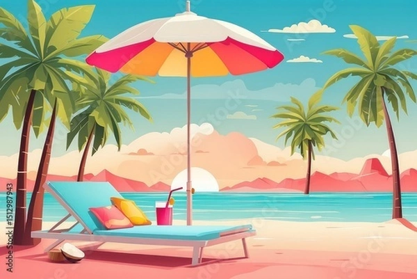 Fototapeta Tropical Summer Beach Illustration with Coconut Drink, Palm Trees, and Sunset

