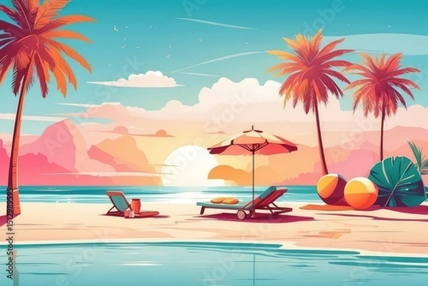 Fototapeta Tropical Summer Beach Illustration with Coconut Drink, Palm Trees, and Sunset

