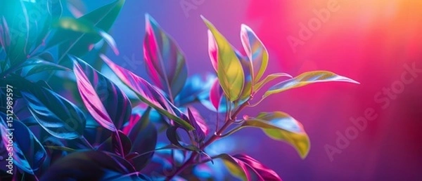 Fototapeta Plant with copy space on neon background. Colour, shape and nature concept digitally generated image