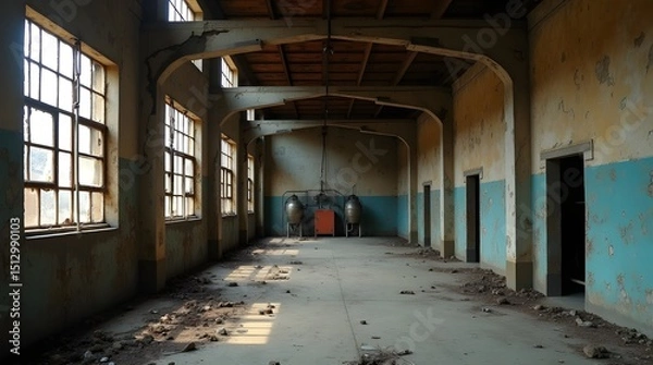 Fototapeta Interior of an abandoned industrial building with windows and walls made of worn concrete