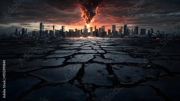 Fototapeta A massive city submerged under an infernal red sky, streets cracked open with glowing magma, apocalyptic environmental disaster, hyper-realistic textures, atmospheric depth