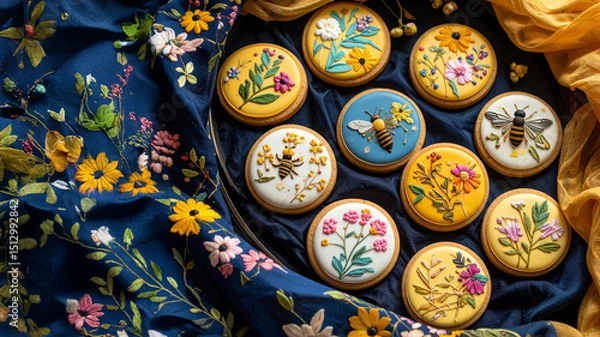 Fototapeta A collection of intricately decorated cookies with floral and bee designs rests on dark blue embroidered fabric. The detailed icing work and harmonious textile backdrop evoke themes of craftsmanship, 