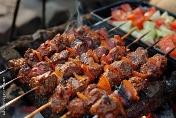 Obraz Deliciously grilled Uzbek shashlik served on skewers with fresh vegetables