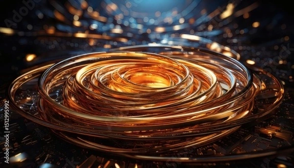 Fototapeta Abstract Sci-Fi Artwork Chrome and Gold Metallic Rings Orbiting a Central Point