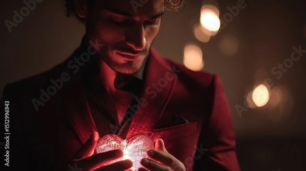 Fototapeta A man in a red suit holds a glowing heart-shaped object near his chest in warm, romantic lighting. Generated AI.