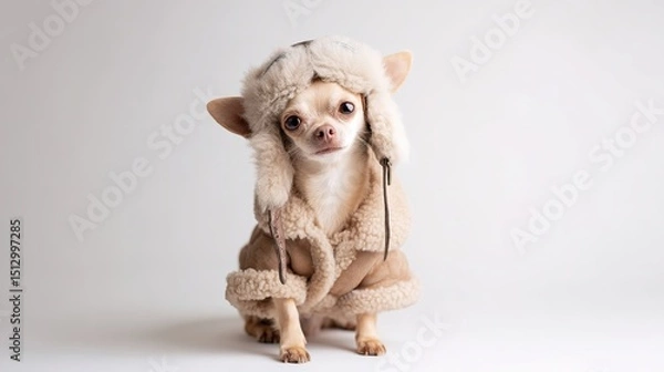 Fototapeta A small dog wears a fluffy winter hat and coat, posing against a plain light background. Generated AI.