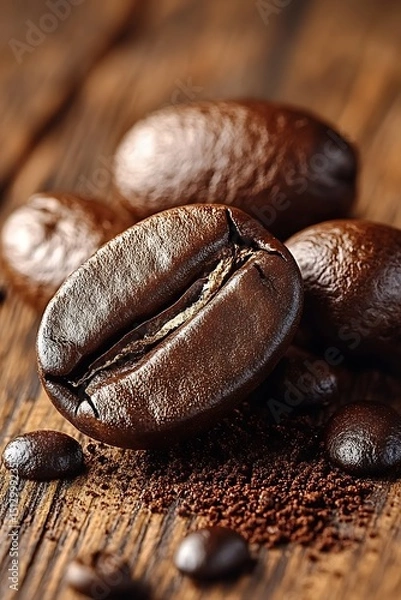 Obraz Close up of coffee beans on wooden table
