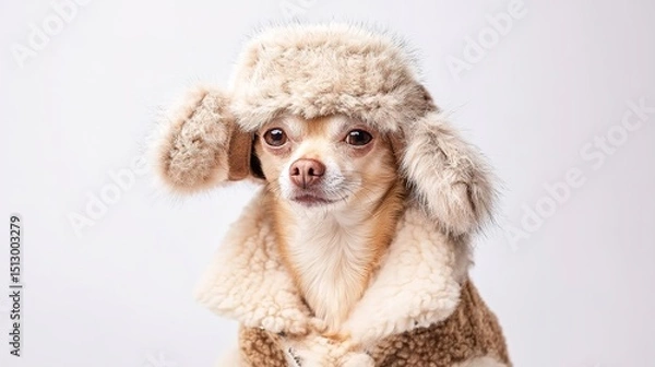 Fototapeta A small dog wears a fluffy winter hat and coat, posing against a plain light background. Generated AI.