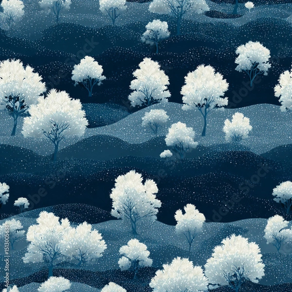 Fototapeta A blue and white image of a snowy landscape with trees