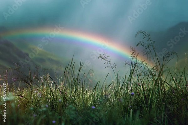 Fototapeta A rainbow is seen in the sky above a field of grass