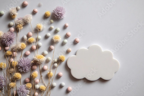Fototapeta A white cloud with a bunch of flowers and candy on the ground