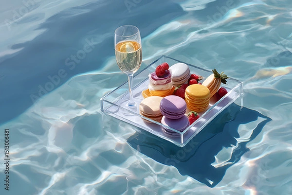 Fototapeta Overhead View of Floating Breakfast with Macarons, Fruit Tarts, and Sparkling Orange Juice on Still Pool