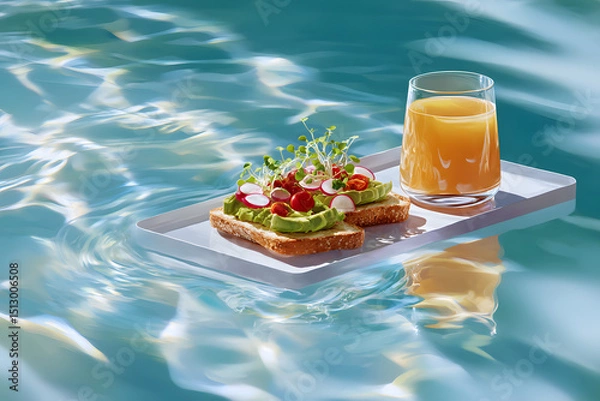 Fototapeta Side View of Floating Breakfast with Avocado Toast and Orange Juice on Crystal-Clear Pool Water