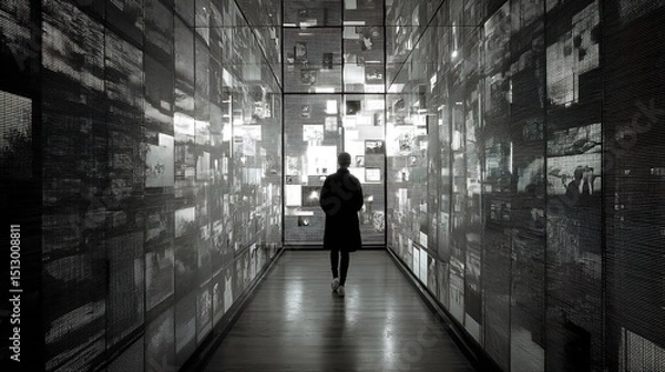 Fototapeta A person walks through a futuristic corridor lined with illuminated digital screens displaying monochrome images. Generated AI.