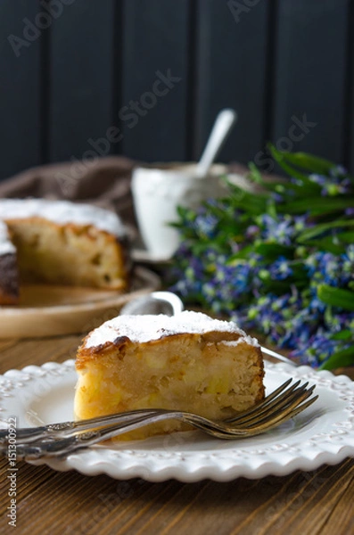 Obraz Apple vegan pie with coffee and snowdrops