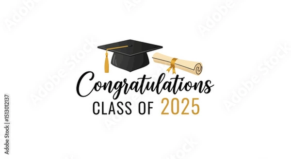 Fototapeta congratulations message for class of 2025 with graduation cap and diploma illustration