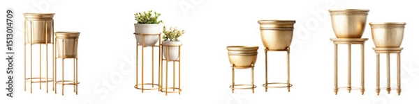Fototapeta Elegant and modern plant stands in a gold finish, showcasing sleek, minimalist designs with varying heights and sizes, perfect for home decor and enhancing indoor gardens