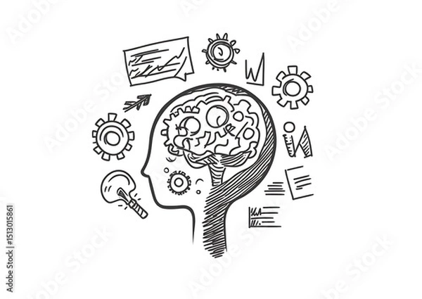 Obraz Hand-drawn illustration of a human head with gears and brain inside, surrounded by various business concepts