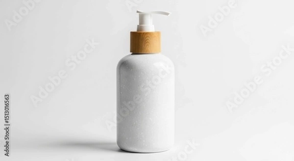 Fototapeta Simple white lotion or soap bottle with a wooden collar and pump, conveying a natural and minimalist aesthetic.
